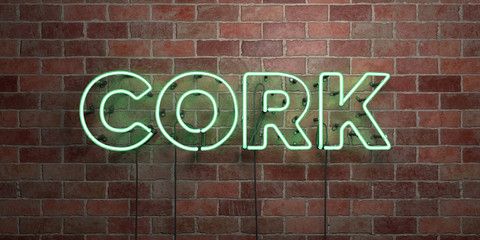 CORK - fluorescent Neon tube Sign on brickwork - Front view - 3D rendered royalty free stock picture. Can be used for online banner ads and direct mailers..