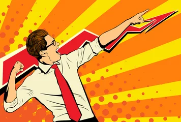 Fotobehang Business success businessman showing the top of the chart and screaming with joy. Retro style pop art. White adult male Caucasian © Brazhyk