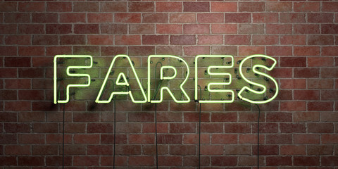 FARES - fluorescent Neon tube Sign on brickwork - Front view - 3D rendered royalty free stock picture. Can be used for online banner ads and direct mailers..