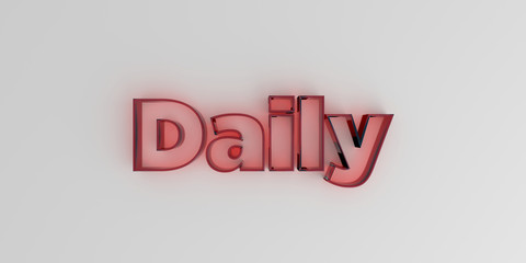 Daily - Red glass text on white background - 3D rendered royalty free stock image.
