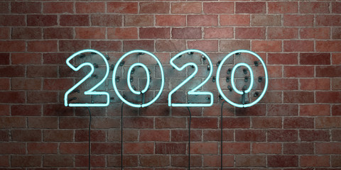 Fototapeta na wymiar 2020 - fluorescent Neon tube Sign on brickwork - Front view - 3D rendered royalty free stock picture. Can be used for online banner ads and direct mailers..