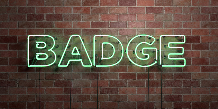 BADGE - fluorescent Neon tube Sign on brickwork - Front view - 3D rendered royalty free stock picture. Can be used for online banner ads and direct mailers..