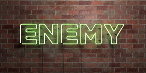ENEMY - fluorescent Neon tube Sign on brickwork - Front view - 3D rendered royalty free stock picture. Can be used for online banner ads and direct mailers..