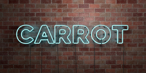 CARROT - fluorescent Neon tube Sign on brickwork - Front view - 3D rendered royalty free stock picture. Can be used for online banner ads and direct mailers..