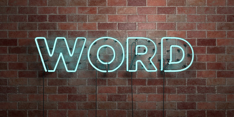WORD - fluorescent Neon tube Sign on brickwork - Front view - 3D rendered royalty free stock picture. Can be used for online banner ads and direct mailers..