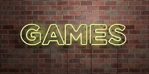 GAMES - fluorescent Neon tube Sign on brickwork - Front view - 3D rendered royalty free stock picture. Can be used for online banner ads and direct mailers..