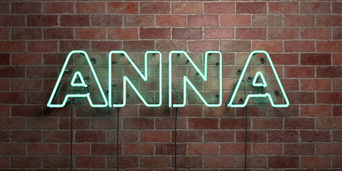 ANNA - fluorescent Neon tube Sign on brickwork - Front view - 3D rendered royalty free stock picture. Can be used for online banner ads and direct mailers..