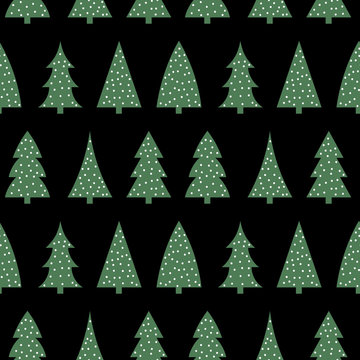 cute green christmas tree on a black background pattern seamless vector