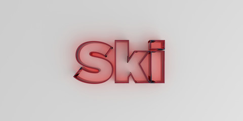 Ski - Red glass text on white background - 3D rendered royalty free stock image.