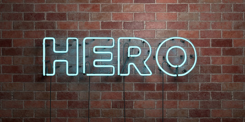 Fototapeta na wymiar HERO - fluorescent Neon tube Sign on brickwork - Front view - 3D rendered royalty free stock picture. Can be used for online banner ads and direct mailers..