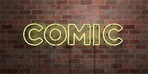 COMIC - fluorescent Neon tube Sign on brickwork - Front view - 3D rendered royalty free stock picture. Can be used for online banner ads and direct mailers..