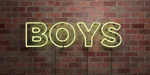 BOYS - fluorescent Neon tube Sign on brickwork - Front view - 3D rendered royalty free stock picture. Can be used for online banner ads and direct mailers..