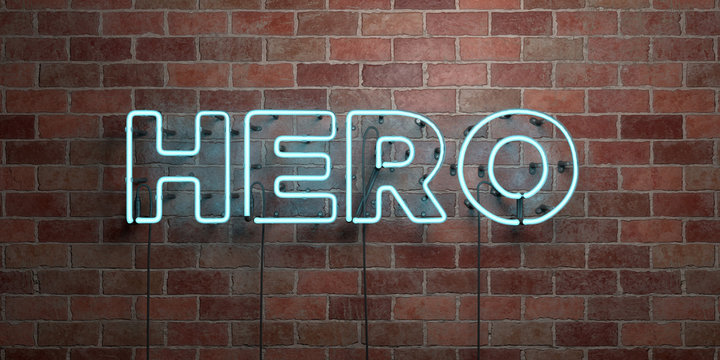 HERO - fluorescent Neon tube Sign on brickwork - Front view - 3D rendered royalty free stock picture. Can be used for online banner ads and direct mailers..