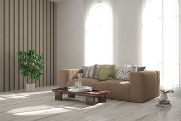 White modern room with sofa. Scandinavian interior design