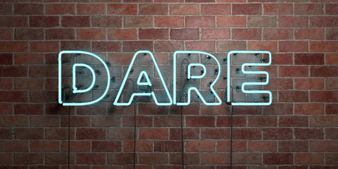 DARE - fluorescent Neon tube Sign on brickwork - Front view - 3D rendered royalty free stock picture. Can be used for online banner ads and direct mailers..