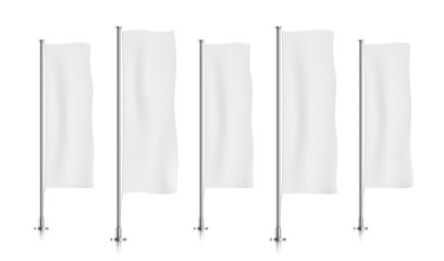 Five white vertical banner flags, standing in a row. Banner flag templates isolated on background. Vertical flags realistic mockup.