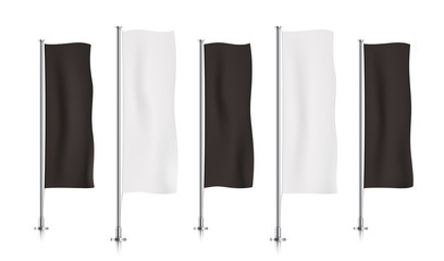 Five black and white vertical banner flags, standing in a row. Banner flag templates isolated on a white background. Vertical flags realistic mockup.