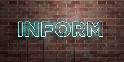 INFORM - fluorescent Neon tube Sign on brickwork - Front view - 3D rendered royalty free stock picture. Can be used for online banner ads and direct mailers..