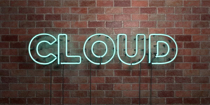 CLOUD - fluorescent Neon tube Sign on brickwork - Front view - 3D rendered royalty free stock picture. Can be used for online banner ads and direct mailers..