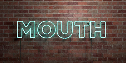 MOUTH - fluorescent Neon tube Sign on brickwork - Front view - 3D rendered royalty free stock picture. Can be used for online banner ads and direct mailers..