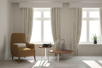 Fototapeta na wymiar White room with armchair. Scandinavian interior design