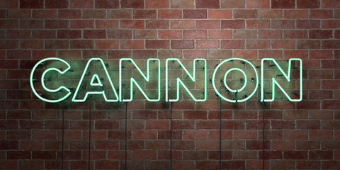 CANNON - fluorescent Neon tube Sign on brickwork - Front view - 3D rendered royalty free stock picture. Can be used for online banner ads and direct mailers..