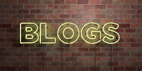 Fototapeta na wymiar BLOGS - fluorescent Neon tube Sign on brickwork - Front view - 3D rendered royalty free stock picture. Can be used for online banner ads and direct mailers..