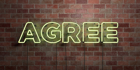 AGREE - fluorescent Neon tube Sign on brickwork - Front view - 3D rendered royalty free stock picture. Can be used for online banner ads and direct mailers..