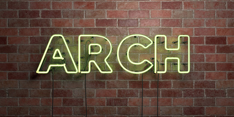 ARCH - fluorescent Neon tube Sign on brickwork - Front view - 3D rendered royalty free stock picture. Can be used for online banner ads and direct mailers..