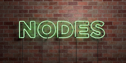 NODES - fluorescent Neon tube Sign on brickwork - Front view - 3D rendered royalty free stock picture. Can be used for online banner ads and direct mailers..