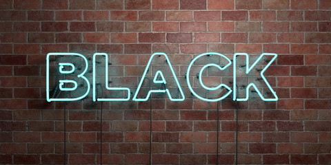 BLACK - fluorescent Neon tube Sign on brickwork - Front view - 3D rendered royalty free stock picture. Can be used for online banner ads and direct mailers..