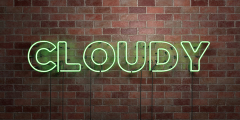 CLOUDY - fluorescent Neon tube Sign on brickwork - Front view - 3D rendered royalty free stock picture. Can be used for online banner ads and direct mailers..