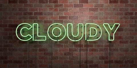Fototapeta premium CLOUDY - fluorescent Neon tube Sign on brickwork - Front view - 3D rendered royalty free stock picture. Can be used for online banner ads and direct mailers..