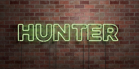 HUNTER - fluorescent Neon tube Sign on brickwork - Front view - 3D rendered royalty free stock picture. Can be used for online banner ads and direct mailers..