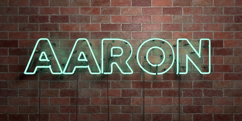 AARON - fluorescent Neon tube Sign on brickwork - Front view - 3D rendered royalty free stock picture. Can be used for online banner ads and direct mailers..