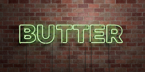 Obraz premium BUTTER - fluorescent Neon tube Sign on brickwork - Front view - 3D rendered royalty free stock picture. Can be used for online banner ads and direct mailers..