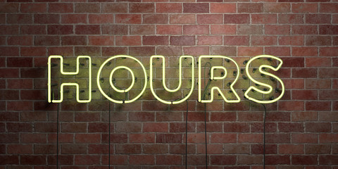 HOURS - fluorescent Neon tube Sign on brickwork - Front view - 3D rendered royalty free stock picture. Can be used for online banner ads and direct mailers..