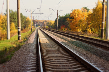 Fototapeta na wymiar Railway tracks stretching into the distance in the autumn landscape.