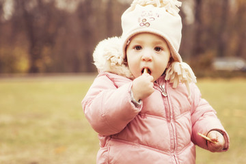 Little cute girl kid having fun in park in autumn warm clothes (pink jacket and a hat). Yellow fall leaves on a background. Lifestyle. Cold weather. Copy space