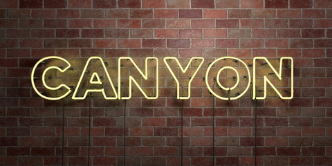 CANYON - fluorescent Neon tube Sign on brickwork - Front view - 3D rendered royalty free stock picture. Can be used for online banner ads and direct mailers..