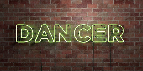 DANCER - fluorescent Neon tube Sign on brickwork - Front view - 3D rendered royalty free stock picture. Can be used for online banner ads and direct mailers..