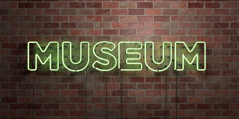 MUSEUM - fluorescent Neon tube Sign on brickwork - Front view - 3D rendered royalty free stock picture. Can be used for online banner ads and direct mailers..