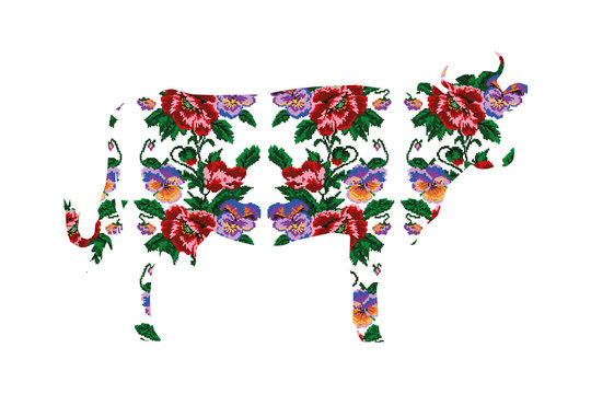 Silhouette of cow with color bouquet of flowers (poppies and pansies)  using traditional Ukrainian embroidery elements.