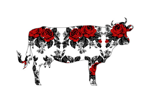 Silhouette of cow with bouquet of flowers (roses and cornflowers)  using traditional Ukrainian embroidery elements.