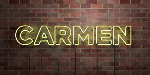 CARMEN - fluorescent Neon tube Sign on brickwork - Front view - 3D rendered royalty free stock picture. Can be used for online banner ads and direct mailers..