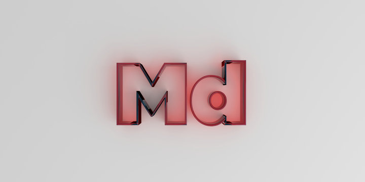 Md - Red glass text on white background - 3D rendered royalty free stock image.