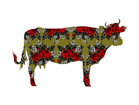 Silhouette of cow with color bouquet of flowers (roses and cornflowers)  on the green background using traditional Ukrainian embroidery elements.