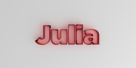 Julia - Red glass text on white background - 3D rendered royalty free stock image.