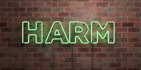 HARM - fluorescent Neon tube Sign on brickwork - Front view - 3D rendered royalty free stock picture. Can be used for online banner ads and direct mailers..