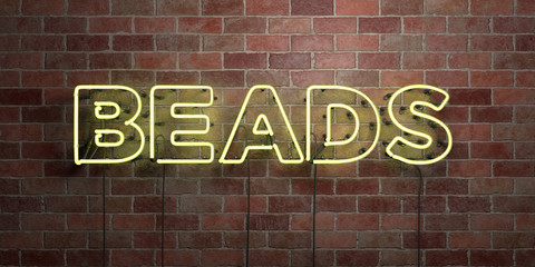 BEADS - fluorescent Neon tube Sign on brickwork - Front view - 3D rendered royalty free stock picture. Can be used for online banner ads and direct mailers..